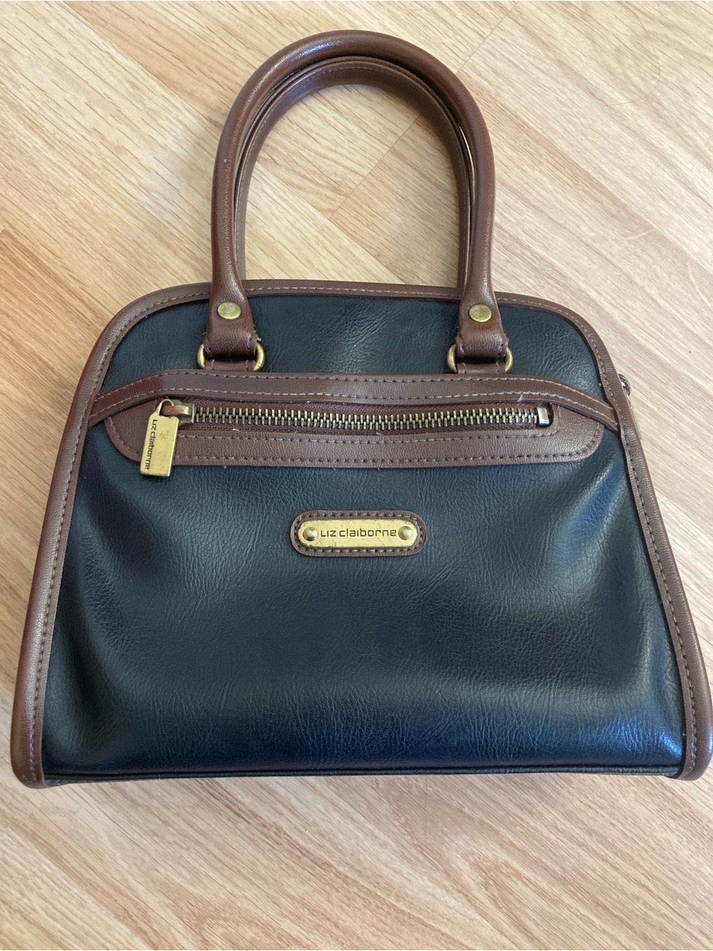 Liz Claiborne Black and Brown Two-Tone Leather Satchel